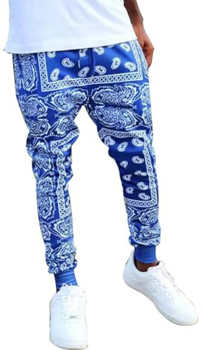 DENGJIAMY Herren Bandana Paisly Jogger Hose Kordelzug Taille Cashew Print Sweatpants Skateboardhose Hip Hop Workout Punk Pants Streetwear mit Taschen, blau, M