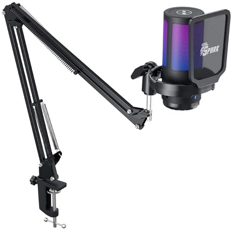 Professional RGB USB Condenser Microphone Kit, Gaming Podcast Mic with Monitoring Jack, Boom Arm Stand, Quick Mute and Gain Control