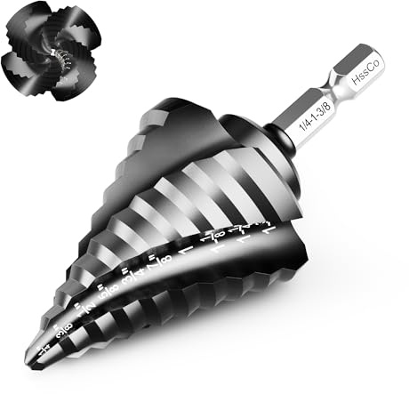 Baigao M35 Cobalt Steel Four Spiral Flute Step Drill Bit 1/4“ to 1-3/8” - Wear-Resistant TiAlN Coating, 1/4 Hex Shank, for Metal, Stainless Steel, Aluminum & Plastic