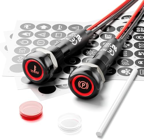 FILN 2Pcs 8MM 12V-24V LED Indicator Light with 180 Changeable Symbols, IP67 Waterproof, Pre-Wired Customizable Pilot Dash Directional Warning Lights for Car Truck Boat Marine RV Off-Road(Red)