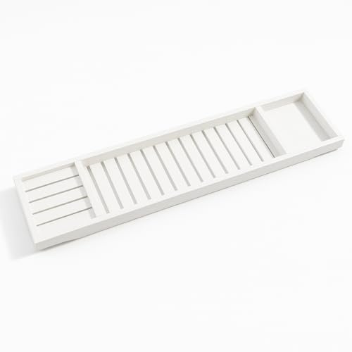 RANRHA Bamboo Bath Tray Caddy – Bathtub Organizer with Wine Holder, Book/Tablet Stand, Soap & Candle Slots – Waterproof & Durable Bamboo Tub Caddy for Spa, Relaxation, and Gifts (White)