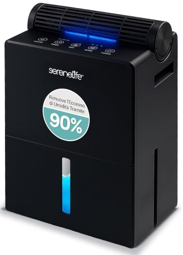 SereneLife 2-i-1 Bärbar Avfuktare med Avtagbar Cylinder & Torkbas, Liten Hemavfuktare med Timer, Sovläge & Smart Luftfuktighetskontroll för Källare, Sovrum eller Rum, 9 x 6 x 13 in. (Svart)