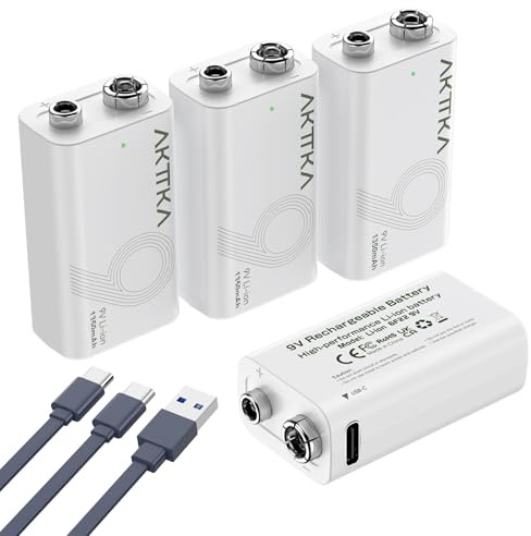 AKTTKA Pack da 4 Batterie al Litio Ricaricabili 9V da 1350mAh, con Cavo di Ricarica Type-C, Ideali per Dispositivi di Precisione come Multimetri Portatili, Rilevatori di Metalli e Tester di Cavi