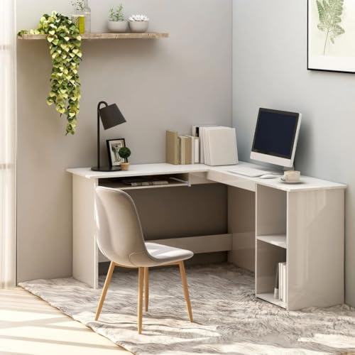 Mokuyary hörnskrivbord i L-form, högglans-vitt 120 x 140 x 75 cm, L-format skrivbord, för studier, arbete, hem, sovrum
