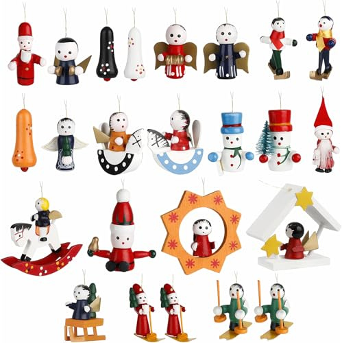Hpbaggy 24 Stück Weihnachtsbaum Schmuck aus Holz, Christbaumschmuck Anhänger, Weihnachten Holzanhänger Set Handbemalt, Holz Anhänger Figuren, Tannenbaumschmuck HolzAnhänger Set