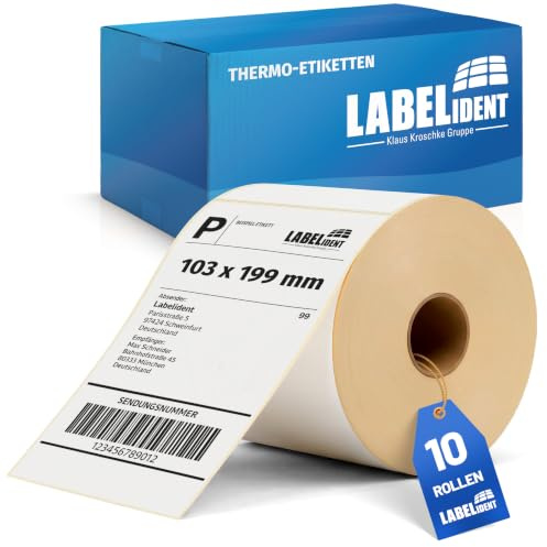 Labelident Versandetiketten 103 x 199 mm - 3.500 Etiketten, 10 Rollen à 350 Thermoetiketten | Stark selbstklebende Thermodirekt-Labels für DHL, DPD, FedEx, GLS, Hermes, UPS, Zebra