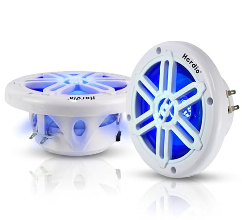 Herdio 8 450 W marinhögtalare – IP66 vattentätt coaxialljud, med blått LED-ljus för båtar, ATVs, UTVs med UV-resistent vitt galler (A Pair)