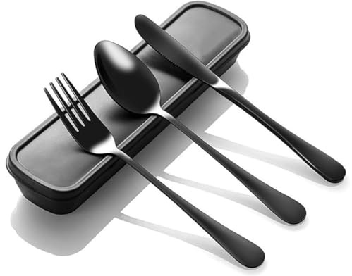 3-delat resebestickset svart av rostfritt stål, premium campingbestick med fodral, återanvändbara bestick att gå på resor, kontor, picknick och utomhus, diskmaskinssäkra matbestick kniv gaffel