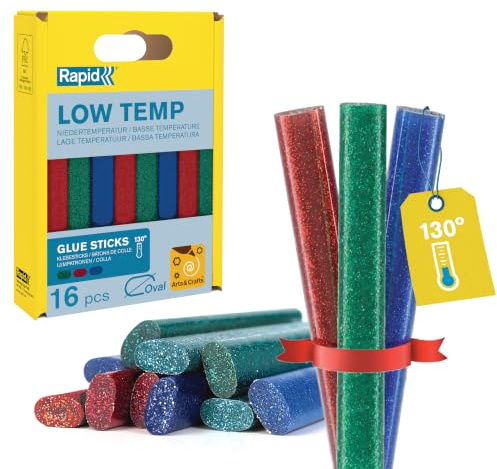 Rapid Niedertemperatur Klebesticks Glitzer - 16 Ovale Sticks 94mm Länge | Niedertemperatur; Rot, Grün & Blau; für Rapid EG130; für hitzeempflindiche Materialien; 94mm Länge; 16 Stück