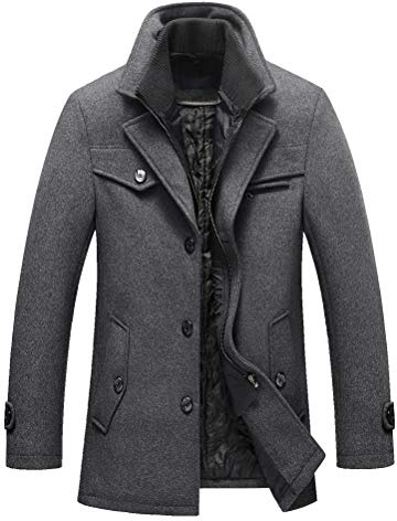 FTCayanz Lavnis Men's Woolen Jacket Casual Single Breasted Zipper Trench Coat Outerwear with Multi Pockets, M, Style4-grey