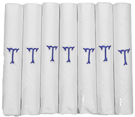 7 Packung Mens/Gentlemens weißen Satin umrahmten Taschentüchern mit & blau bestickt Initialen, T