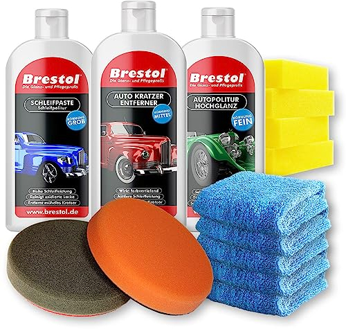 Autopolitur Sparset, Kratzerentferner, Schleifpaste & Hochglanz Autopolitur, Fahrzeugpflege-Set für Glanz, Kratzerentfernung, Lackvorbereitung mit 2 Polierscheiben, 4 Polierschwämme & 5 Poliertücher