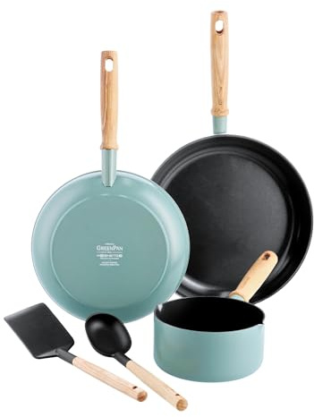 GreenPan Mayflower Pots and Pans Set, 5 Piece, PFAS Free, Blue