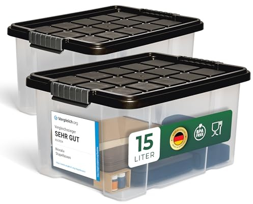 Novaliv 2x Aufbewahrungsbox mit Deckel 15l 40x29x21 mittel Grau Anthrazit transparent Stapelbar Stapelbox Kisten mit Deckel Boxen Plastikbox Kunststoffkiste