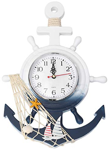 Garneck Stile Mediterraneo Ancora Orologio Spiaggia Mare Tema Nautico Ruota della Nave Timone Volante Decorazione Appeso a Parete (Stile Barca a Vela)