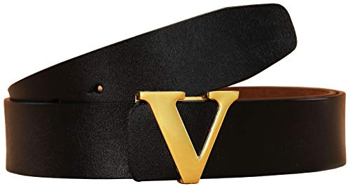 Yuangu Klassischer Herren-Gürtel mit V-Schnalle, weiches Kalbsleder, Gold/Silber, Schwarz Gold, 43.3 inches (37-39)