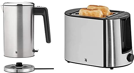 WMF Lono Wasserkocher Edelstahl 1,3l, doppelwandig, elektrischer Wasserkocher mit Kalkfilter, 2400 Watt & Bueno Pro Toaster Edelstahl, Doppelschlitz Toaster mit Brötchenaufsatz, 2 Scheiben