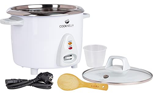 KeMar Reiskocher (1,4L, 500W, Weiß) Edelstahltopf - Glasdeckel mit Bambuslöffel & Messbecher - elektrischer Reiskocher Edelstahlschüssel, Warmhaltefunktion, 7 Messbecher für 1-6 Personen, KRC-200