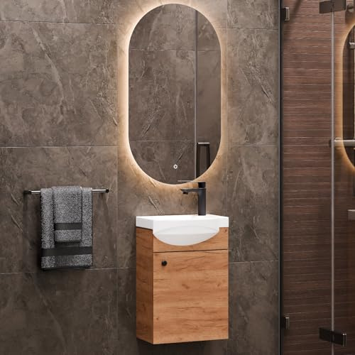 Planetmöbel Badmöbel Set Waschtisch mit Unterschrank | 40 x 60 x 29 cm, Spiegel mit Beleuchtung 50 x 90 cm für Badezimmer, Gäste WC & Bad, Gold Eiche