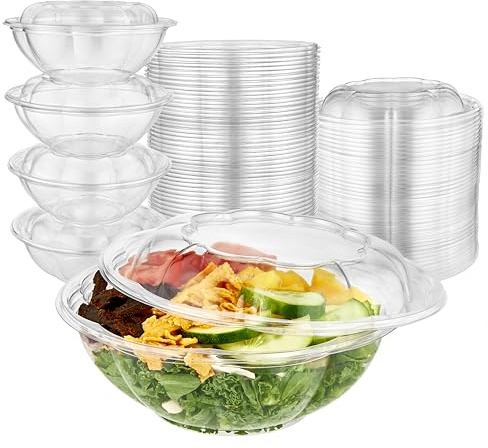 Stock Your Home 24oz Clear Plastic Salad Bowls with Lids Disposable (50 Pack) Small Takeout Container with Snap on Lid for Fruit Salads, Quinoa, Lunch and Meal Prep, Acai Bowl, To-Go Party Containers