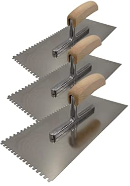 Zahnkelle aus Edelstahl mit Holzgriff Zahnspachtel Glättkelle Zahnscheibe Glättscheibe Traufel Spachtel (Zahnkelle 4x4 | 3 Stück)