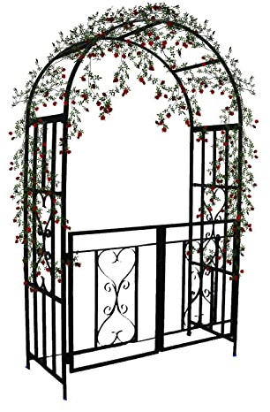 Wetterfest Gartenbogen Metall Torbogen Mit Tür Rosenbogen Schwarz Verzinkte Rohre Mit 20 Mm Durchmesser Für Rosen, Kletterpflanzen, Stützbogen, Gartendekoration, 210cm Hoch X 114cm Breit