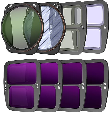 BLAUEOCHI Kit di 8 filtri per DJI Air 3 accessori, set di filtri (UV, CPL, LPR, BS, ND8, ND16, ND32, ND64), filtro obiettivo fotocamera drone per DJI Air 3, set di filtri All Day Air 3 (versione in