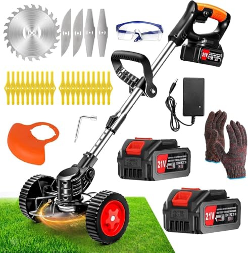 Debroussailleuse Electrique sans Fil,21V Coupe Bordure sans Fil avec 2 Batterie et Trois Types De Lames,Bordure avec Roues,Légère à Faible Bruit pour La Coupe De Jardin, Pelouses Arbustes