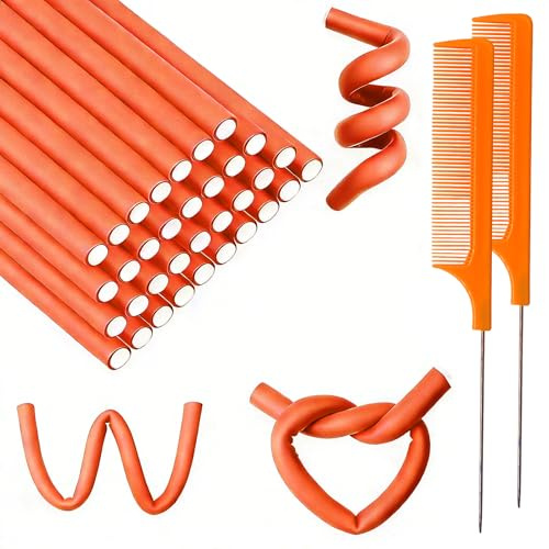 60 Flexible Foam Curling Rods, Twist Hair Rollers with Steel Pintail Comb for Long & Short Hair (9.45 x 0.31, Orange, No Heat)