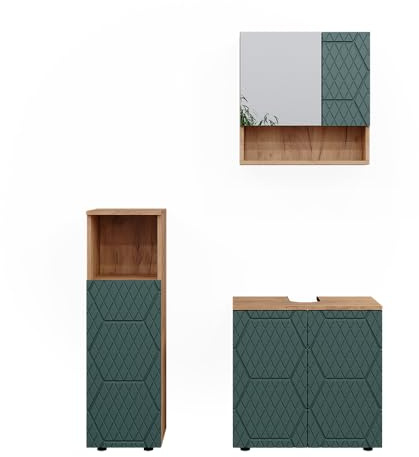 Vicco Badmöbel-Set Irma, Grün/Goldkraft Eiche, 80 cm | besteht aus Waschbeckenunterschrank, Spiegelschrank und Midischrank