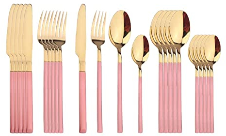 Service de table 24 pièces en or blanc, couverts en acier inoxydable, haut de gamme, lumière spéculaire, argenterie de luxe, fourchette, cuillère, couteau (couleur : or vert) (or rose)