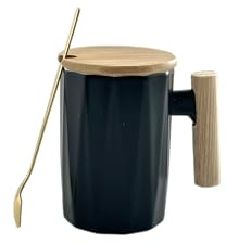 LINDACA 12oz White/Black Office Ceramic Coffee Mug with Lid and Spoon/ 340ML Office Daily Tea Cup with Handle(Black)