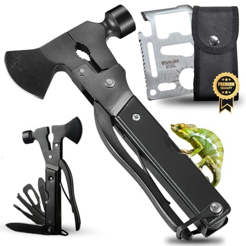 CAVECA Herramienta Multiusos 18 en 1 de Acero Inoxidable + REGALO Tarjeta Mulitusos, Navaja Multiusos Plegable con Martillo Multifunción, Multiherramienta con Hacha de Supervivencia para Senderismo.