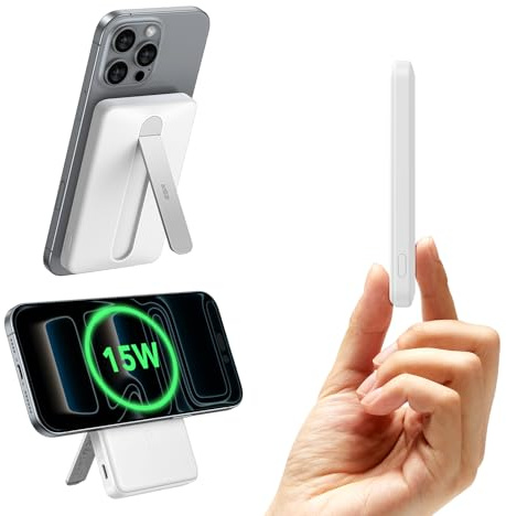 ESR Batería Externa MagSafe Certificada 15 W,Cargador Portátil Carga Rápida de 5000 mAh y 15 W con Soporte,Batería Ultracompacta 1,5 cm, MagSafe con USB-C para iPhone 17e/17/16/15/14/13/12, Blanco