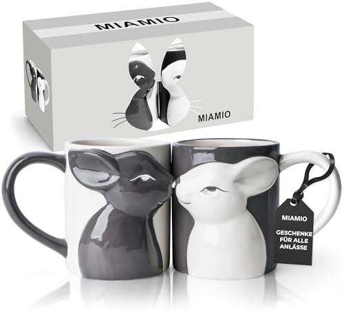 MIAMIO - Hasen Kaffeetassen Set / 2 × 400 ml Keramik Küssende Tassen - Ostergeschenk für Paare, Frauen & Männer zum Geburtstag, Valentinstag, Hochzeit, Ostern - Spülmaschinen- & Mikrowellenfest