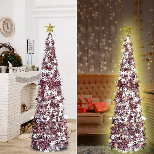 5ft Pop Up Christmas Tree With Lights Tinsel Collapsible Artificial Xmas Tree Decor Pencil Christmas Tree With Star Tree Topper Home Holiday Party Christmas Decoration (Pink)