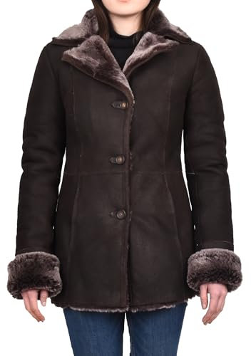 Divergent Retail Mac-Mantel für Damen, echtes Schaffell, mittellang, klassischer Stil, Braun Kaia, braun, 44
