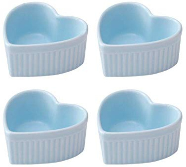Set of 4 Blue Ceramic Heart Shaped 4 oz Ramekins - Dessert Bowl for Baking Cakes, Jams, Souffle, Creme Brulee - Kitchen Bakeware Kit with Removable Silicone Cups and Recipe Booklet