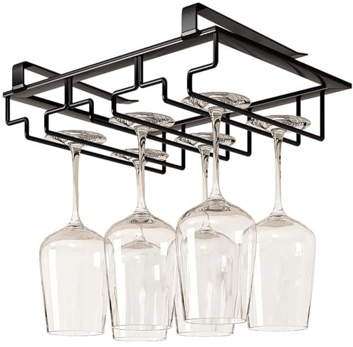 Unter dem Schrank hängendes Weinglashalter, stanzfreier, 3/4/5/6/7 Reihe, moderner schwarzer Metallstielhalter, Gläserhalter zum Aufhängen-Organisator für Küche, Bar(30x22.5cm)