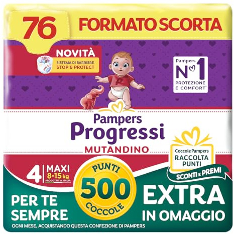 Pampers Progressi Mutandino Maxi +500 Punti Coccole extra in omaggio, Taglia 4 (8-15 kg), 76 Pannolini (formato scorta)