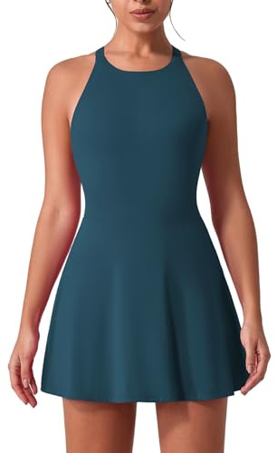 IDOPIP Abito da tennis, da donna, con reggiseno e pantaloncini integrati, tasca sul retro, per lo sport, per il tempo libero, per il fitness, lo sport, Blu, M