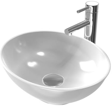 EMKE Lavabo da appoggio ovale 41,5 × 33,5 × 13 cm, Lavabo in ceramica per bagno e WC ospiti, Mini Lavabo Piccolo, Bianco