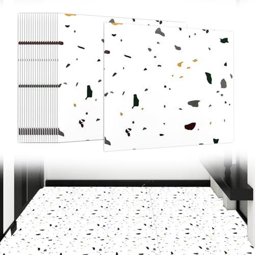 VIDETOL 40 Stück PVC Bodenbelag Selbstklebend, 30 x 30 cm Vinylboden Selbstklebend, Wasserfest Bodenfliesen, Weiß Marmoriert Vinyl-Fliesen für Küche, Wohnzimmer, Bad ca. 3,6 m²