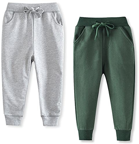 KISLOVE Pojkar flickor joggingbyxor klassisk mjuk dragsko träningsoverall underdel elastisk manschett enfärgade träningsbyxor sport vardagsbyxor skolbyxor för barn ålder 2-7 år, grå + grön, 3 år
