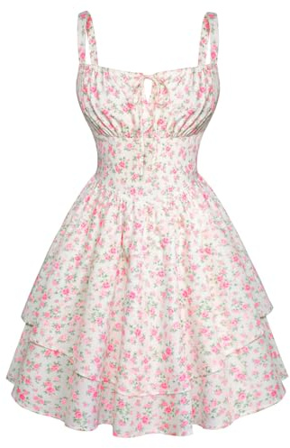 SCARLET DARKNESS Women Mini Summer Dresses Spaghetti Strap Corset Dress Beach Sundress Victorian Milkmaid Dress Pink Floral XXL