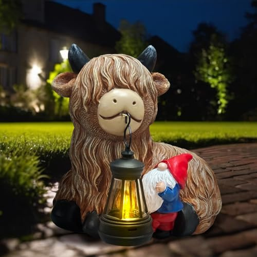lifemet Solar Highland Cow Gnome Statue, Garden Ornament with Solar Lights | Funny Highland Cow Gnome Design | Weather Resistant Resin | Garden, Yard and Patio Decor