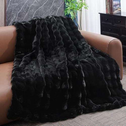 Opulapel Black Faux Fur Throw Blanket for Couch Bed Fuzzy Plush Fluffy Soft Blanket for Sofa Bubble Cozy Blankets for Bedroom Living Room Gift, 50 * 60 Inches 900GSM