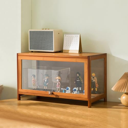 Curio Schrank mit Acryltür, brauner Vitrine für Bücher und Dekor, stilvolles Bambus-Bücherregal für Wohnzimmer, Büro und Küche, 70 x 32 x 40 cm