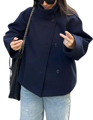 CHARTOU Women Crop Pea Coat Wool Blend Winter Loose Casual Short Jacket Outwear, Navy, Medium