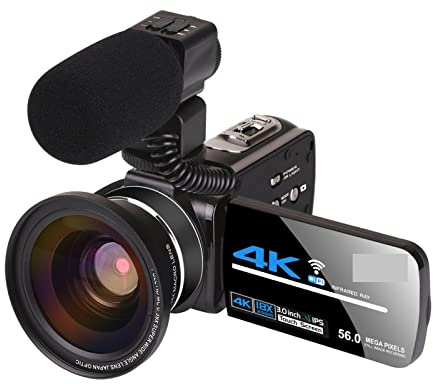 Digital Camera, 4k 56mp Cámara de video Camcorder Vlogging Cámara Digital Vlogging Cámara con 3.0 pulgadas Hd Pantalla táctil / Visión nocturna / Micrófono externo WiFi(16GB SD Card,Camera-Mic-Lens)
